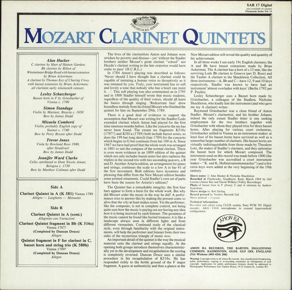 Alan Hacker Mozart Clarinet Quintets UK vinyl LP album (LP record)