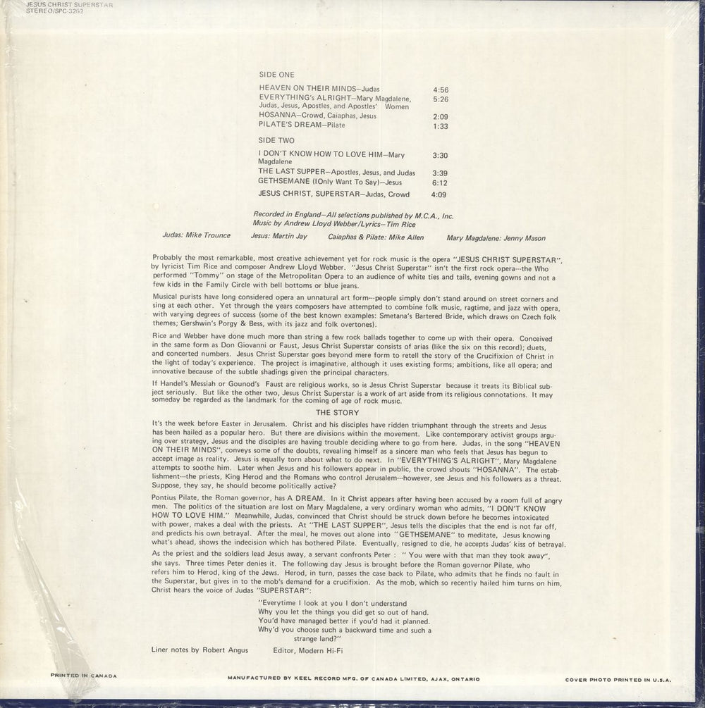 Andrew Lloyd Webber & Tim Rice Musical Excerpts From The Rock Opera Jesus Christ Superstar Canadian vinyl LP album (LP record)