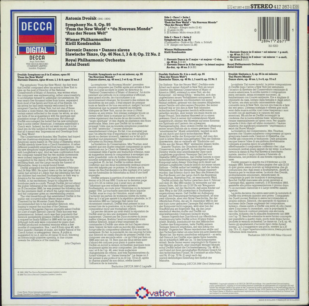 Antonín Dvorák Dvorák: Symphony No.9 "From The New World" / Slavonic Dances UK vinyl LP album (LP record) 028941726711