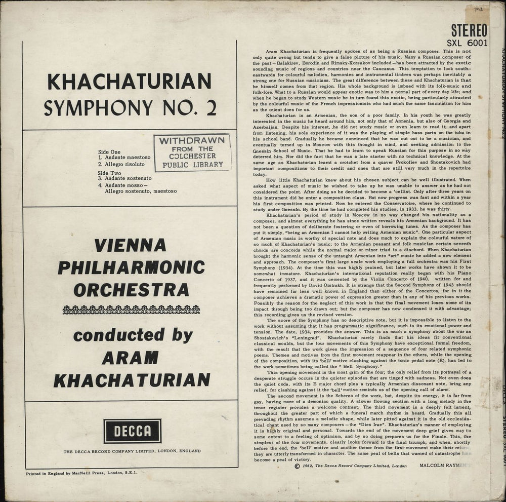 Aram Khachaturian Symphony No. 2 UK vinyl LP album (LP record)