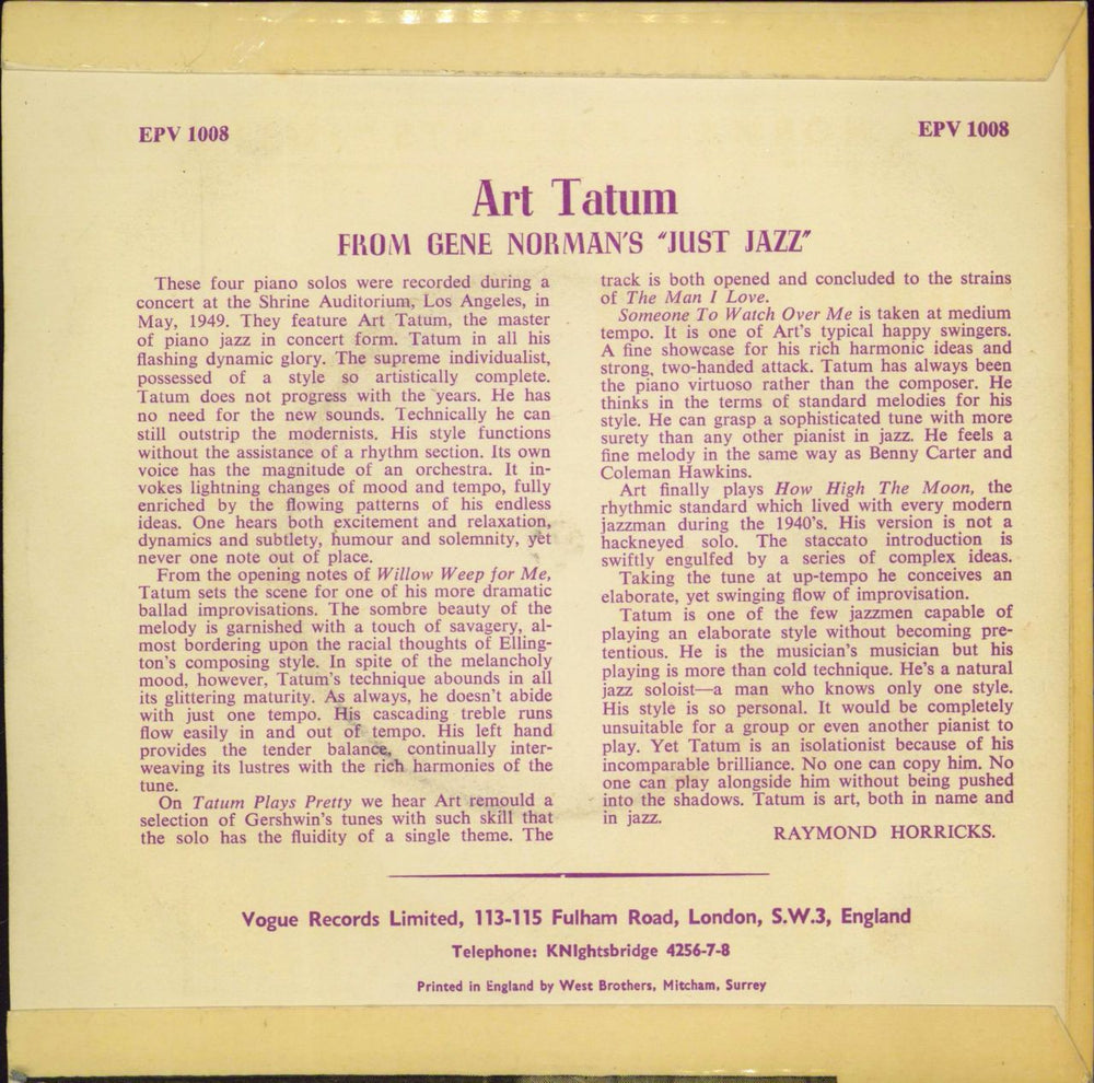 Art Tatum Gene Norman Presents "Just Jazz" : Piano Solos UK 7" vinyl single (7 inch record / 45)