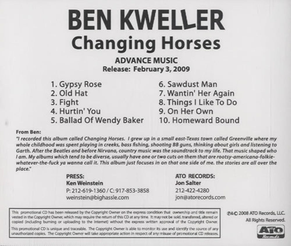 Ben Kweller Changing Horses US Promo CD-R acetate CD-R ACETATE