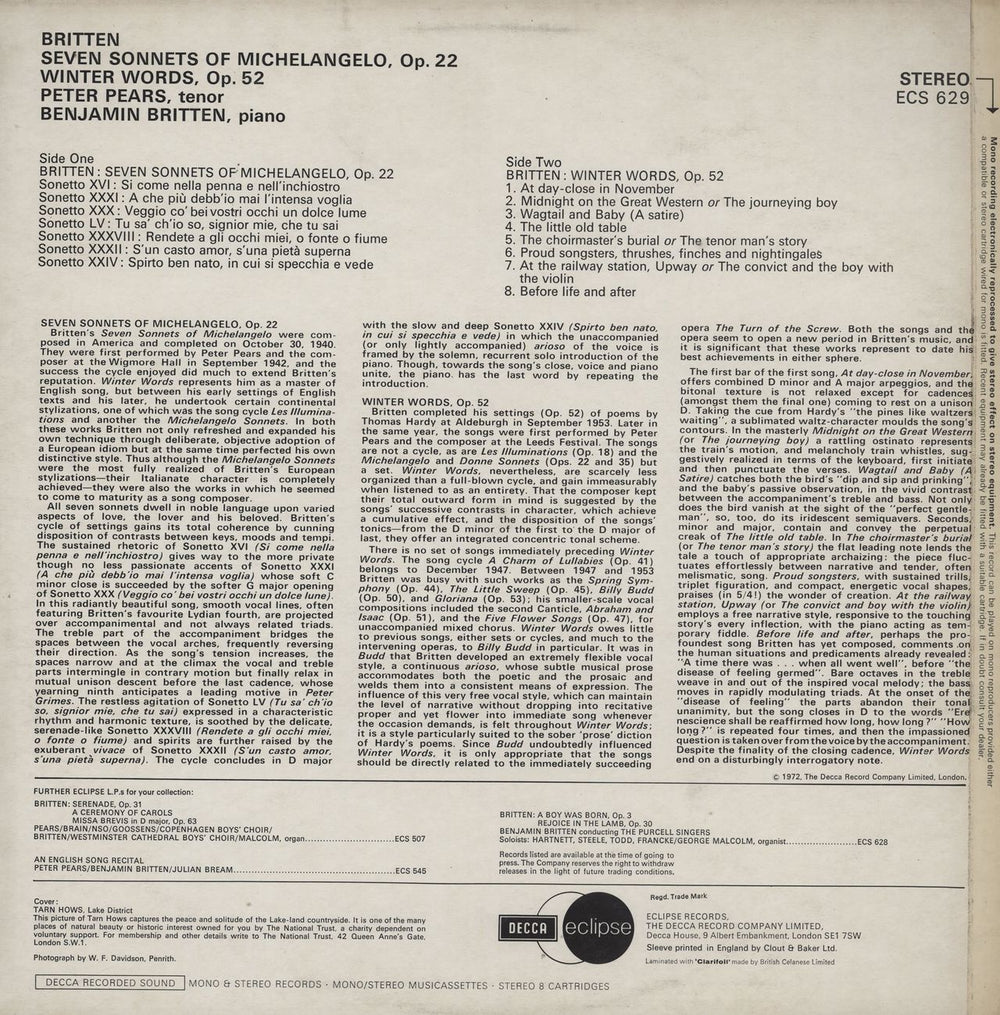 Benjamin Britten Winter Words / Seven Sonnets Of Michelangelo UK vinyl LP album (LP record)