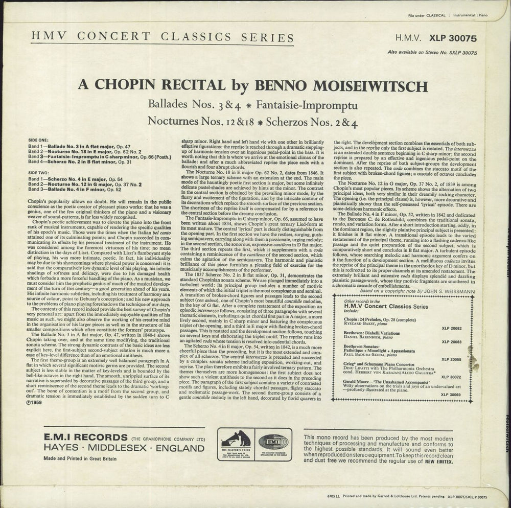 Benno Moiseiwitsch A Chopin Recital UK vinyl LP album (LP record)