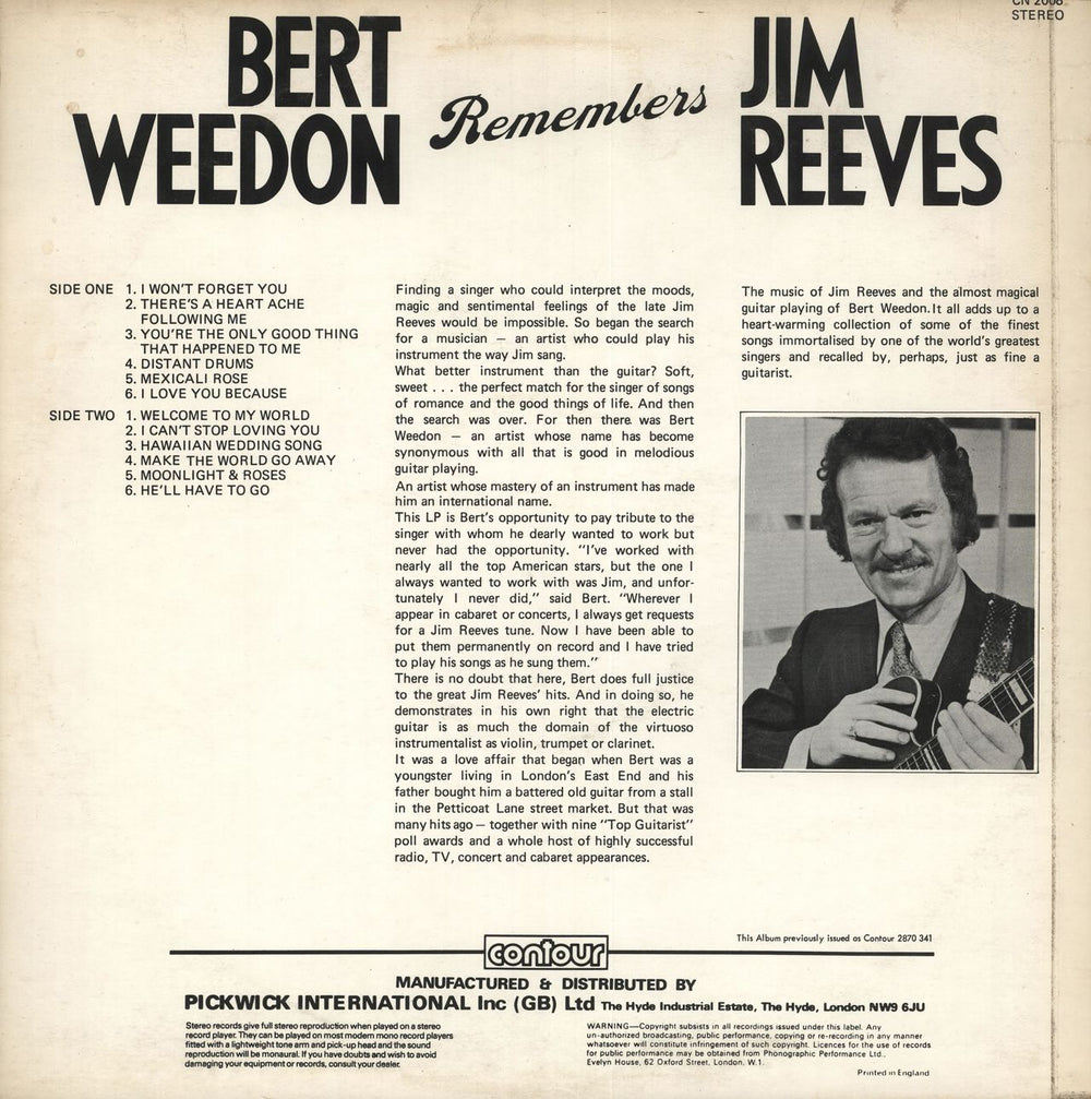 Bert Weedon Remembers Jim Reeves UK vinyl LP album (LP record)