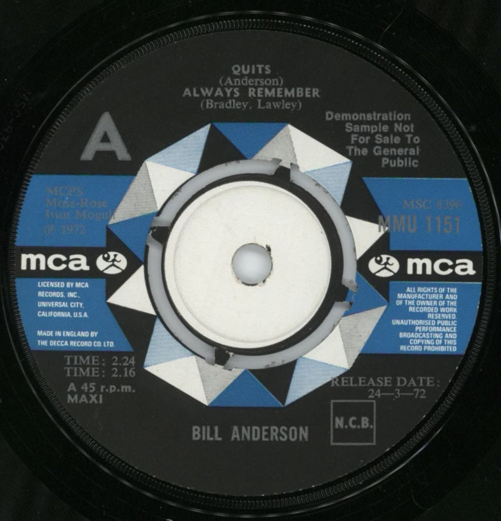 Bill Anderson Quits / Always Remember UK Promo 7" vinyl single (7 inch record / 45) MMU1151