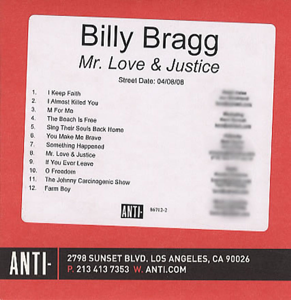 Billy Bragg Mr Love & Justice US Promo CD-R acetate CD-R ACETATE