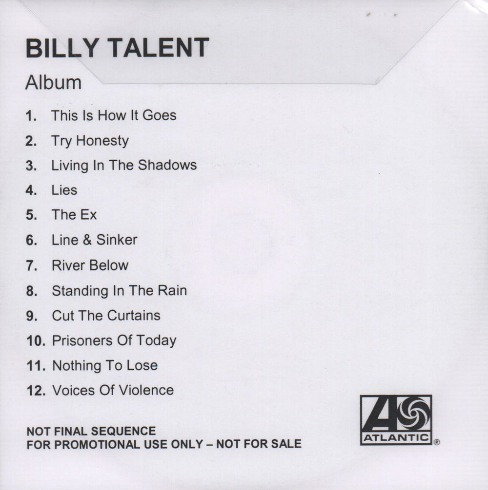 Billy Talent Album UK Promo CD-R acetate B56CRAL265559