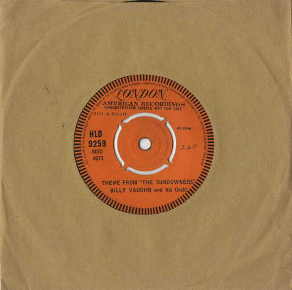 Billy Vaughn Theme From 'The Sundowners' UK Promo 7" vinyl single (7 inch record / 45) HLD9259