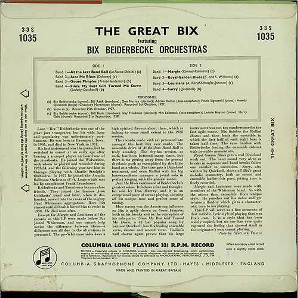 Bix Beiderbecke The Great Bix UK 10" vinyl single (10 inch record) BB-10TH408964