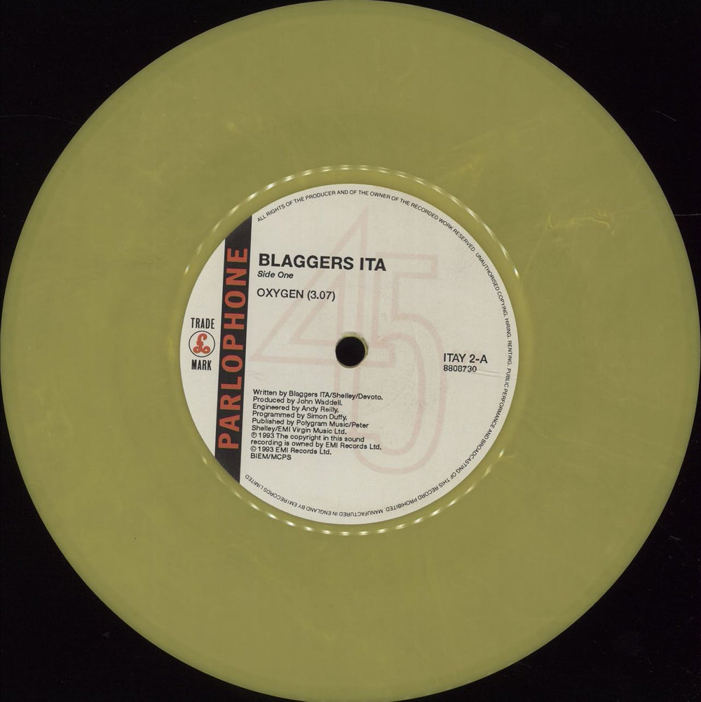 Blaggers ITA Oxygen - Yellow vinyl UK 7" vinyl single (7 inch record / 45) ITA07OX676010