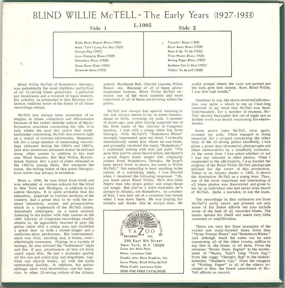 Blind Willie McTell The Early Years 1927 - 1933 US vinyl LP album (LP record) BJJLPTH497790