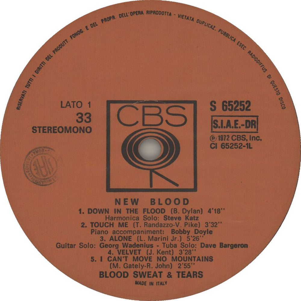 Blood Sweat & Tears New Blood Italian vinyl LP album (LP record)