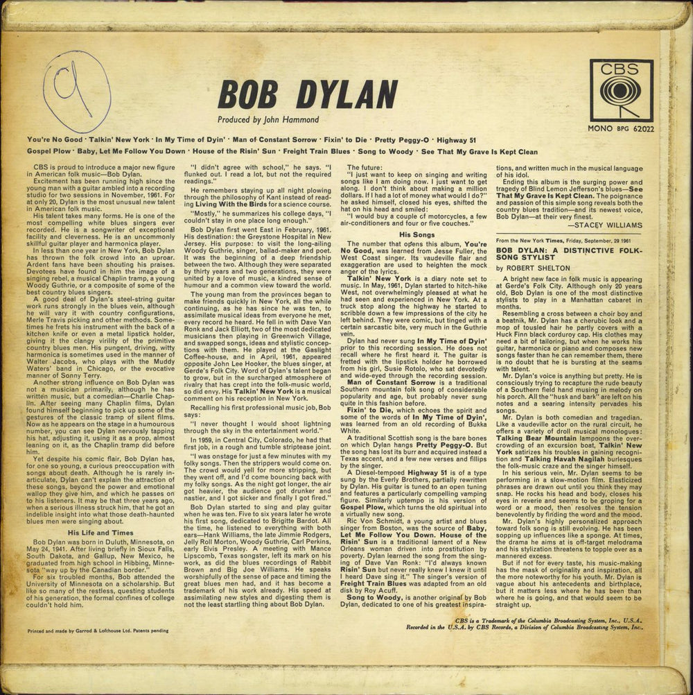 Bob Dylan Bob Dylan - CBS Pressing - WOC UK vinyl LP album (LP record)