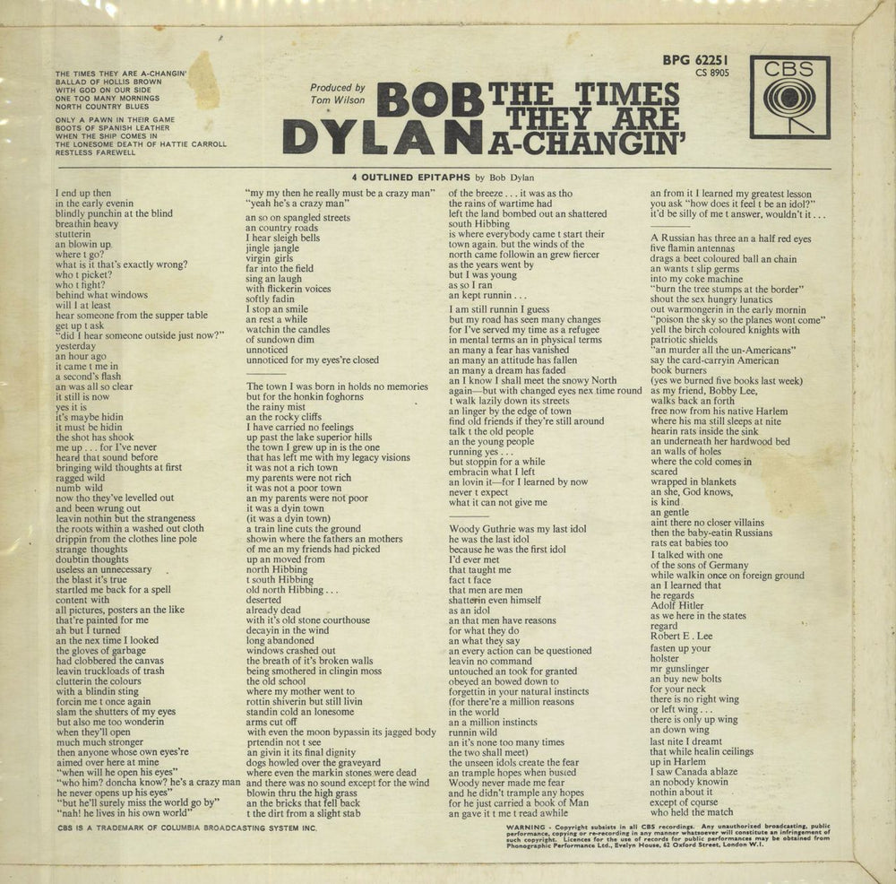 Bob Dylan The Times They Are A-Changin' - 1st - VG UK vinyl LP album (LP record)