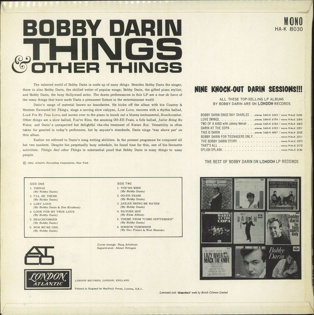 Bobby Darin Things & Other Things UK vinyl LP album (LP record)