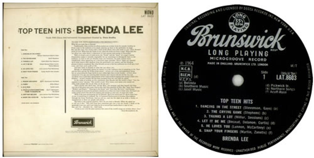 Brenda Lee Top Teen Hits UK vinyl LP album (LP record) B-LLPTO548021