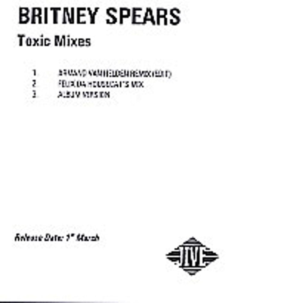 Britney Spears Toxic Mixes - 3-track UK Promo CD-R acetate CD-R ACETATE