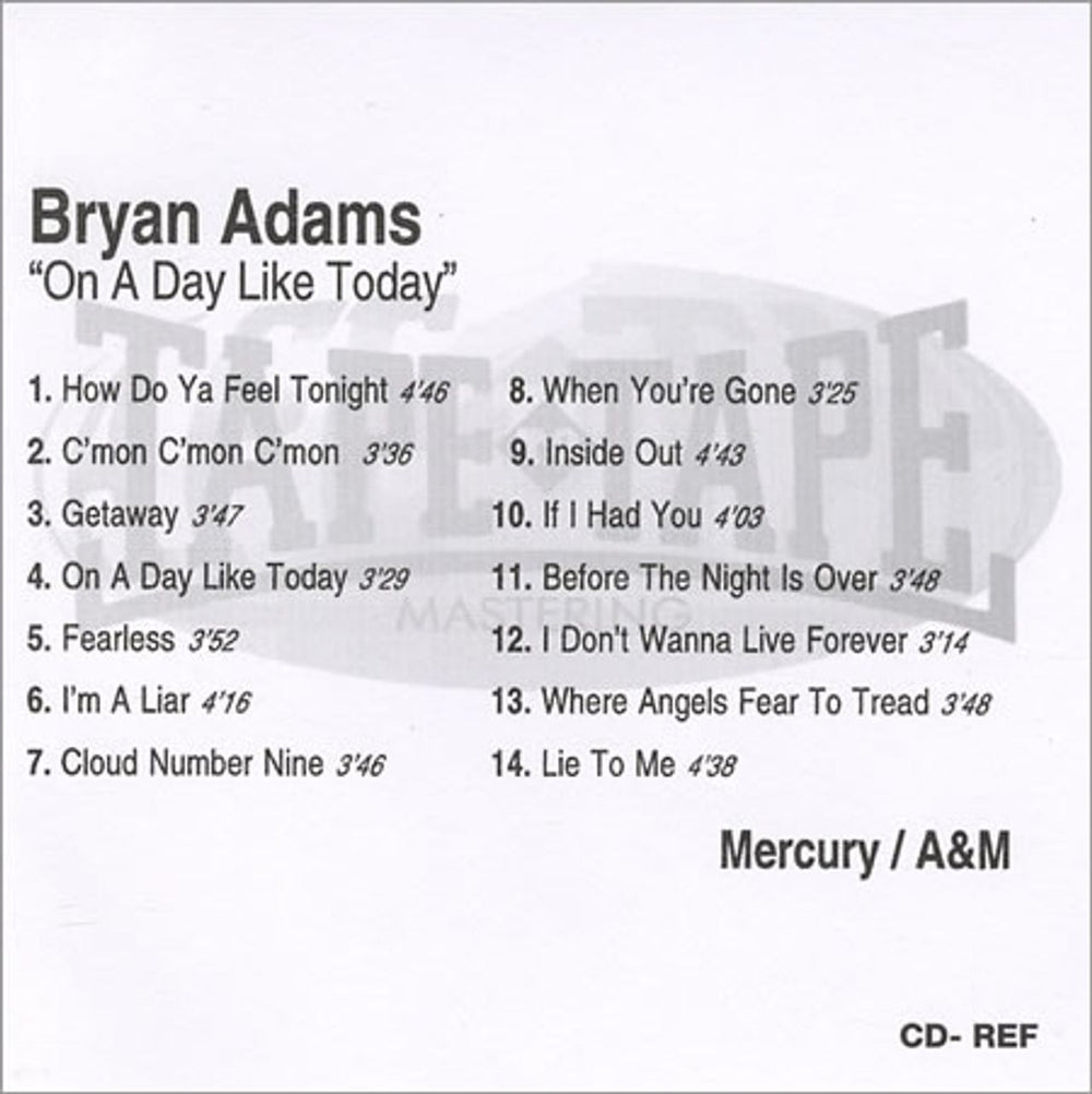 Bryan Adams On A Day Like Today UK Promo CD-R acetate ADACRON125139