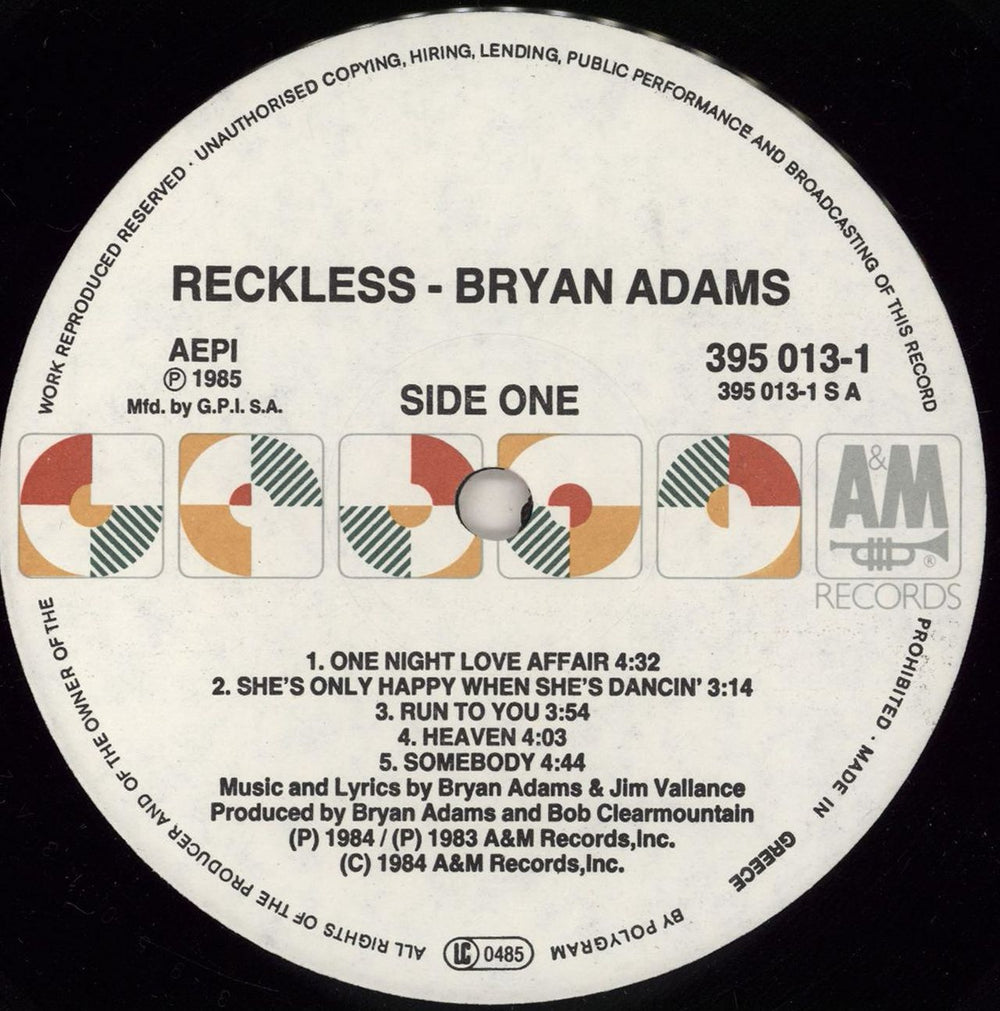 Bryan Adams Reckless Greek vinyl LP album (LP record) ADALPRE765840