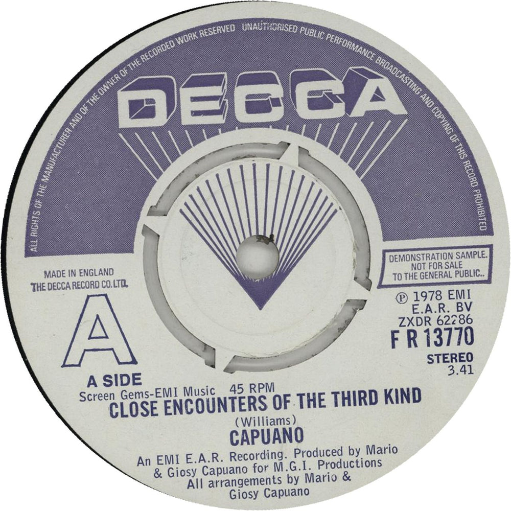 Capuano Theme From Close Encounters Of The Third Kind - A Label UK Promo 7" vinyl single (7 inch record / 45) FR13770