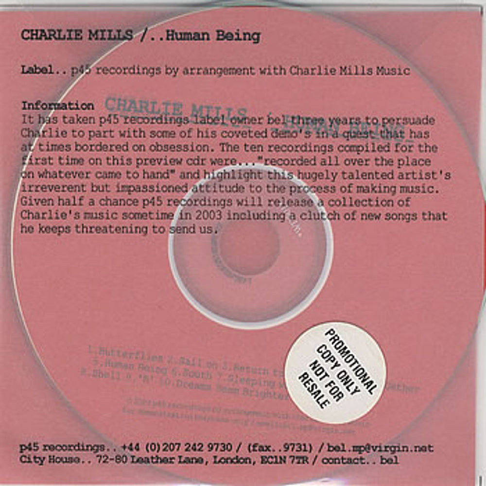 Charlie Mills Human Being UK Promo CD-R acetate CD-R ACETATE