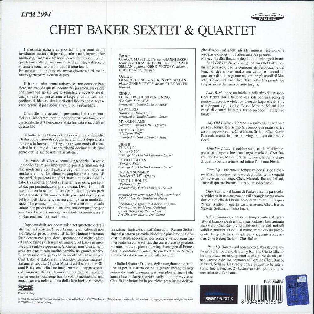 Chet Baker Sextet & Quartet - Blue Vinyl Italian vinyl LP album (LP record) 8004883215614