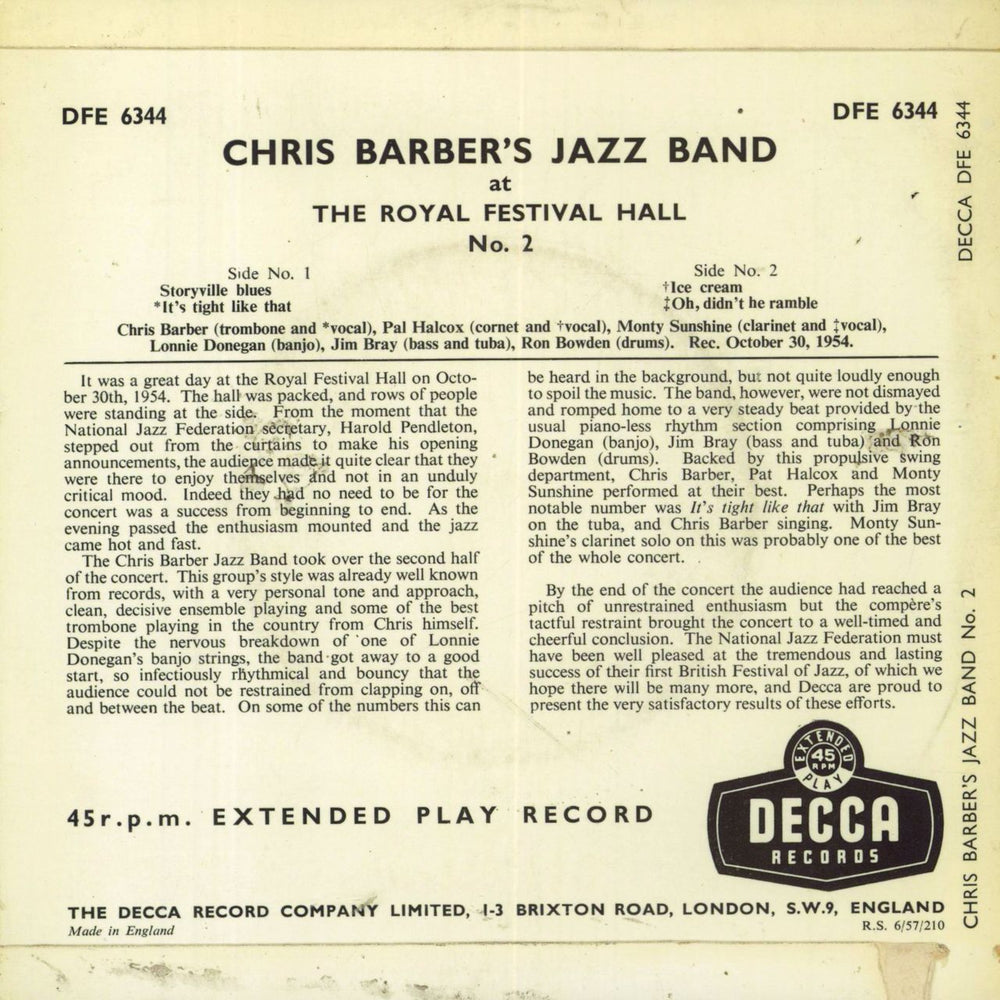 Chris Barber At The Royal Festival Hall No.2 UK 7" vinyl single (7 inch record / 45)