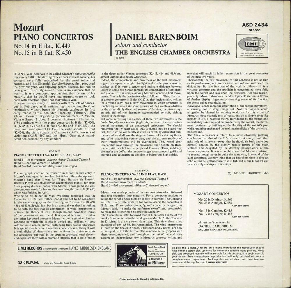 Daniel Barenboim Mozart: Piano Concertos No. 14 in E-flat & No.15 in B-flat UK vinyl LP album (LP record)