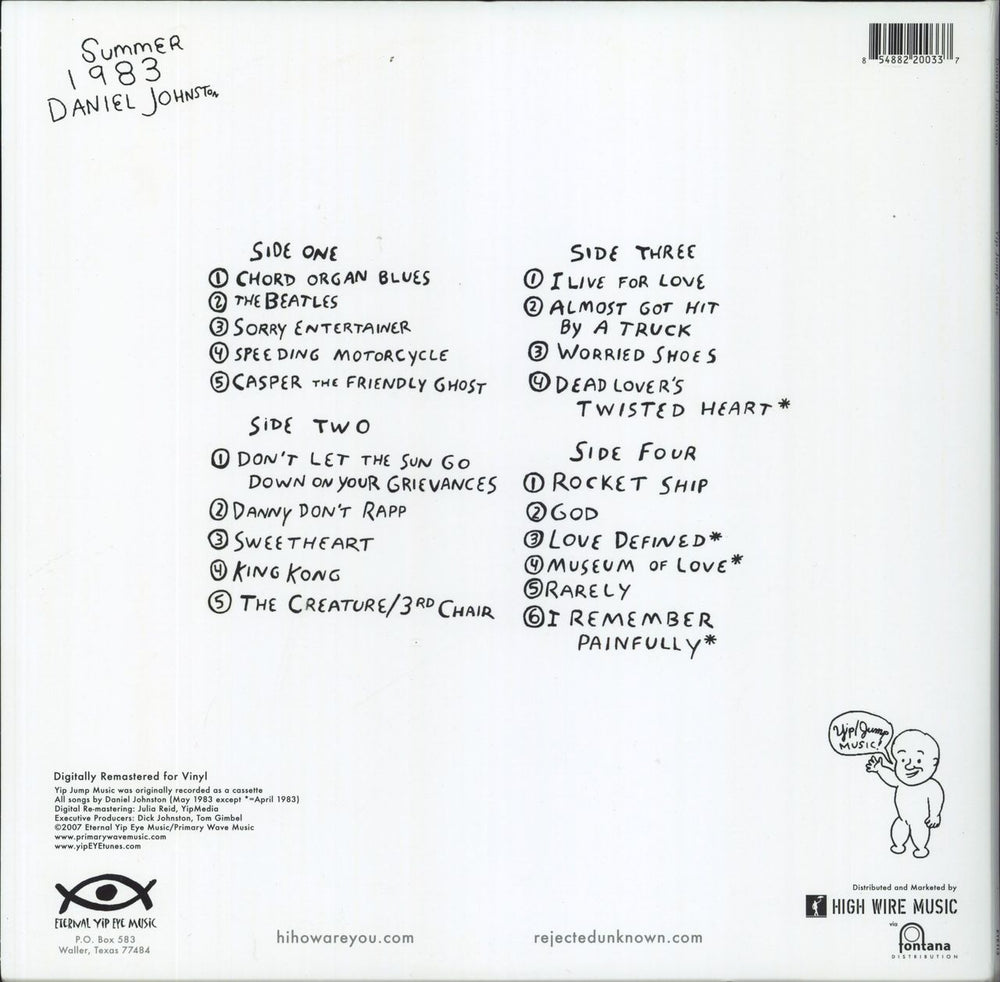 Daniel Johnston Yip / Jump Music - 180gm US 2-LP vinyl record set (Double LP Album) 854882200337