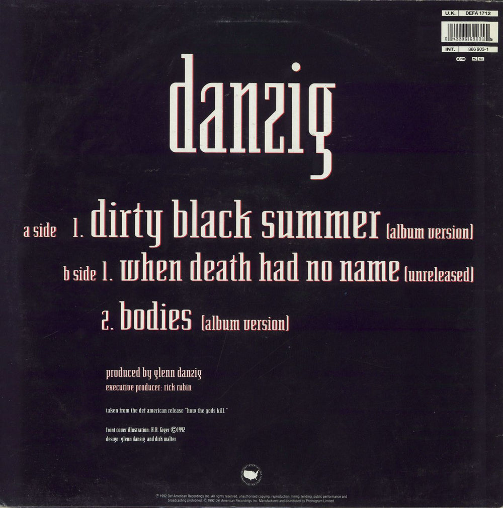 Danzig Dirty Black Summer UK 12" vinyl single (12 inch record / Maxi-single) 042286690315