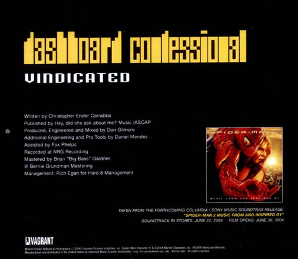 Dashboard Confessional Vindicated US Promo CD-R acetate CDR ACETATE