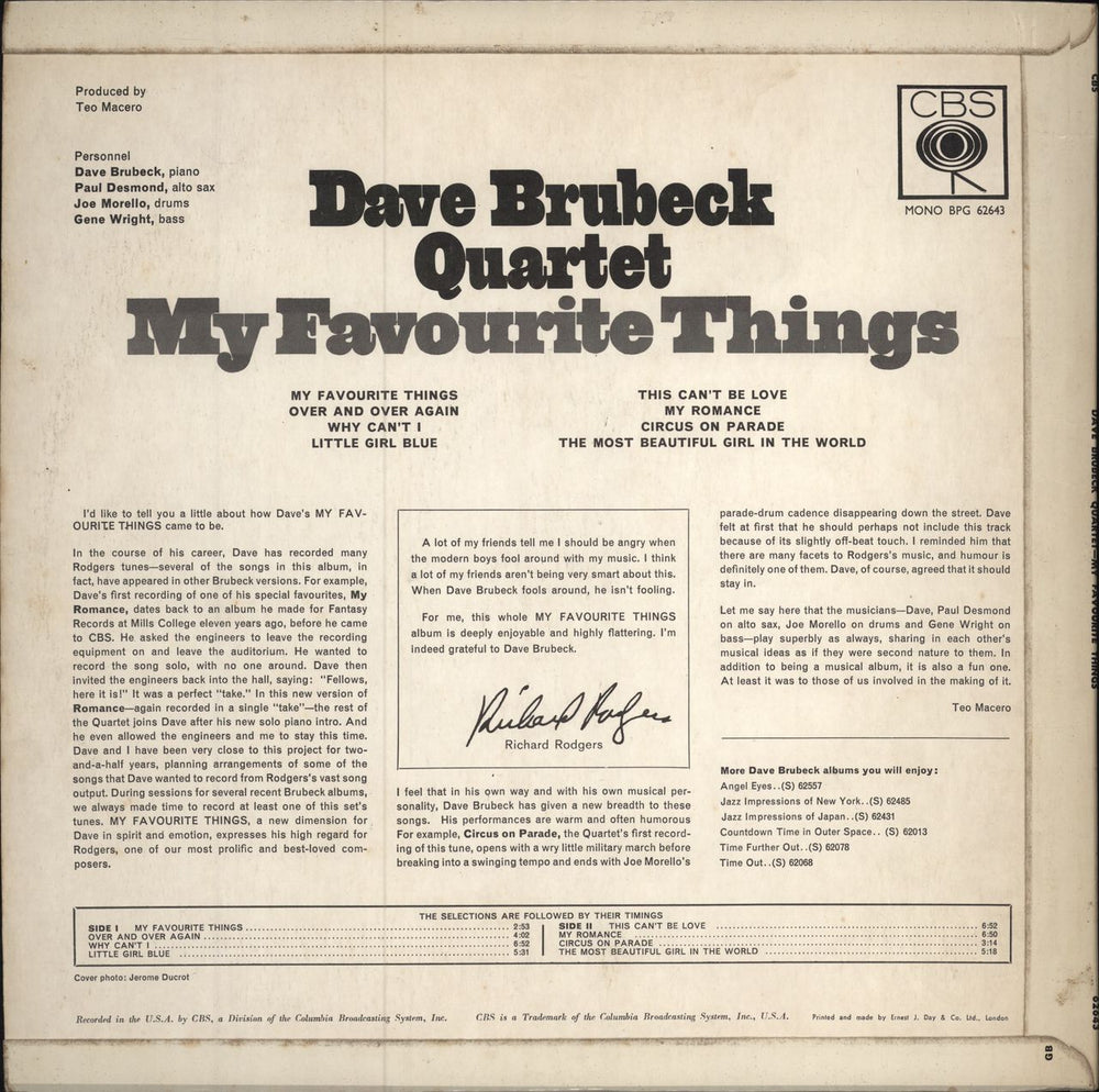 Dave Brubeck My Favorite Things UK vinyl LP album (LP record)