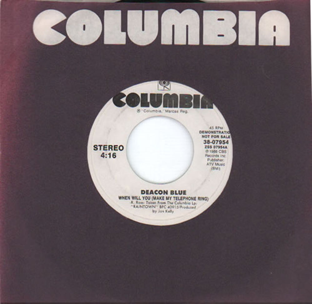 Deacon Blue When Will You Make My Telephone Ring US Promo 7" vinyl single (7 inch record / 45) 38-07954