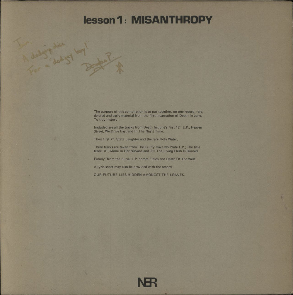 Death In June Lesson 1: Misanthropy - Grey Sleeve - Autographed UK vinyl LP album (LP record)