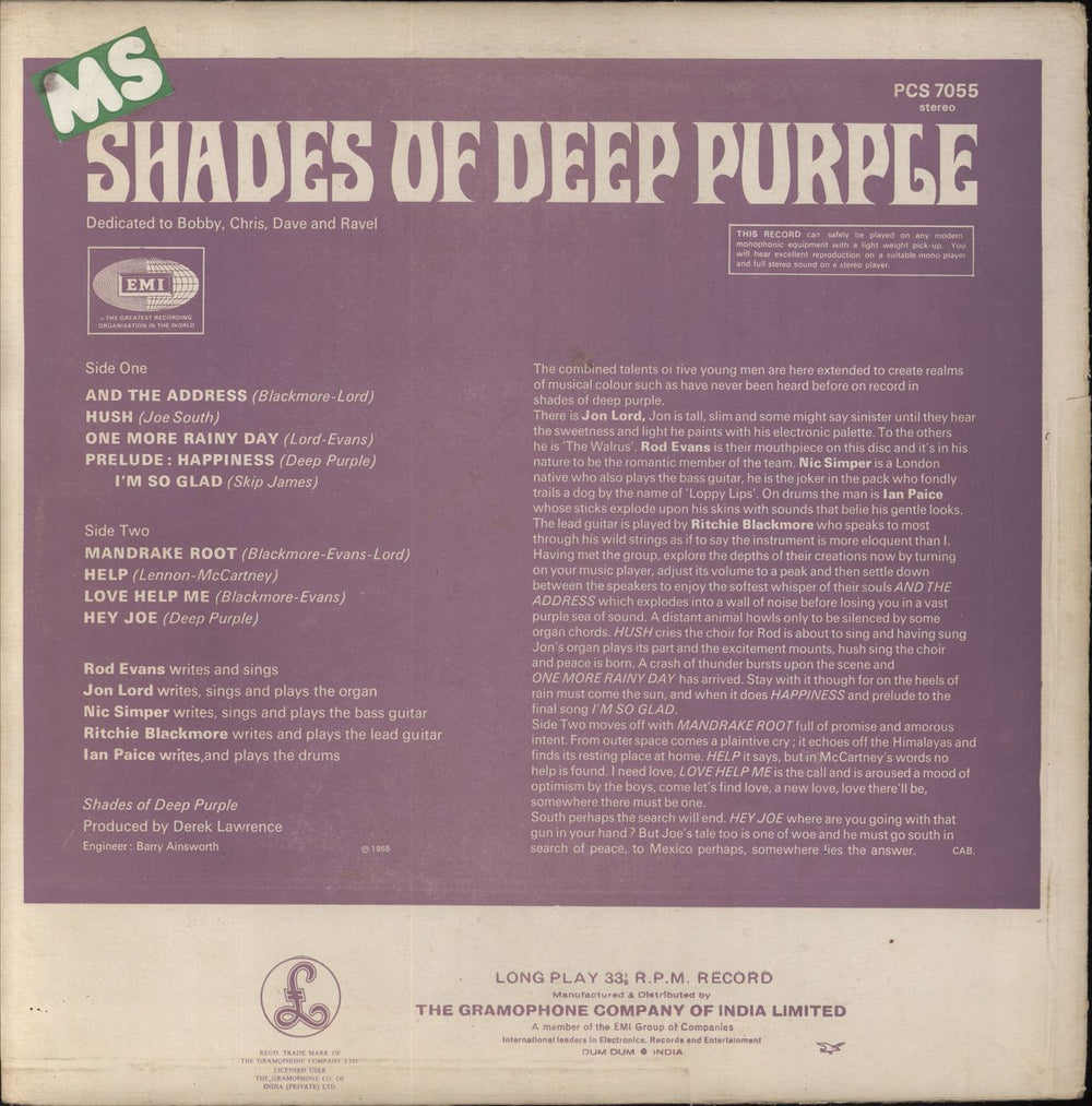 Deep Purple Shades Of Deep Purple - Pasted P/S Indian vinyl LP album (LP record)