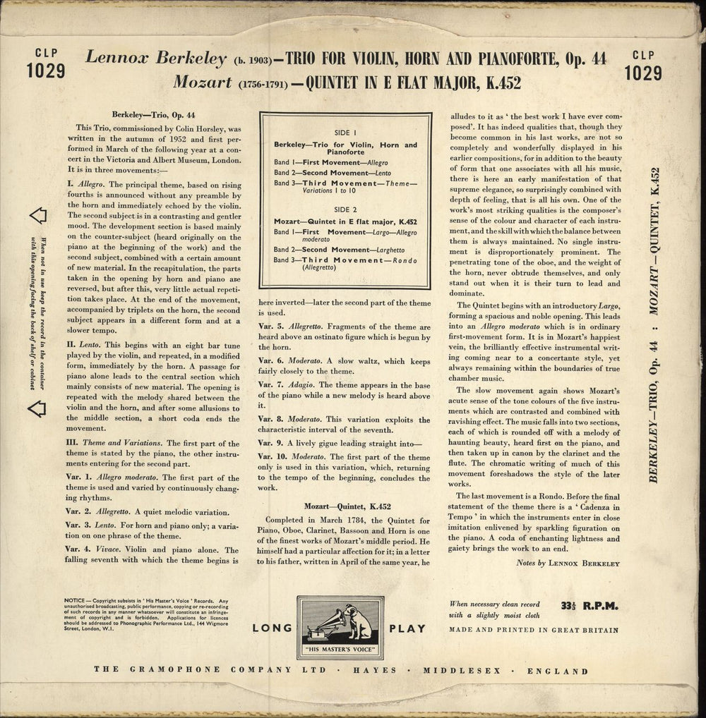 Dennis Brain Lennox Berkeley: Trio For Violin, Horn & Pianoforte / Mozart: Quintet in E Flat, K.452 UK vinyl LP album (LP record)
