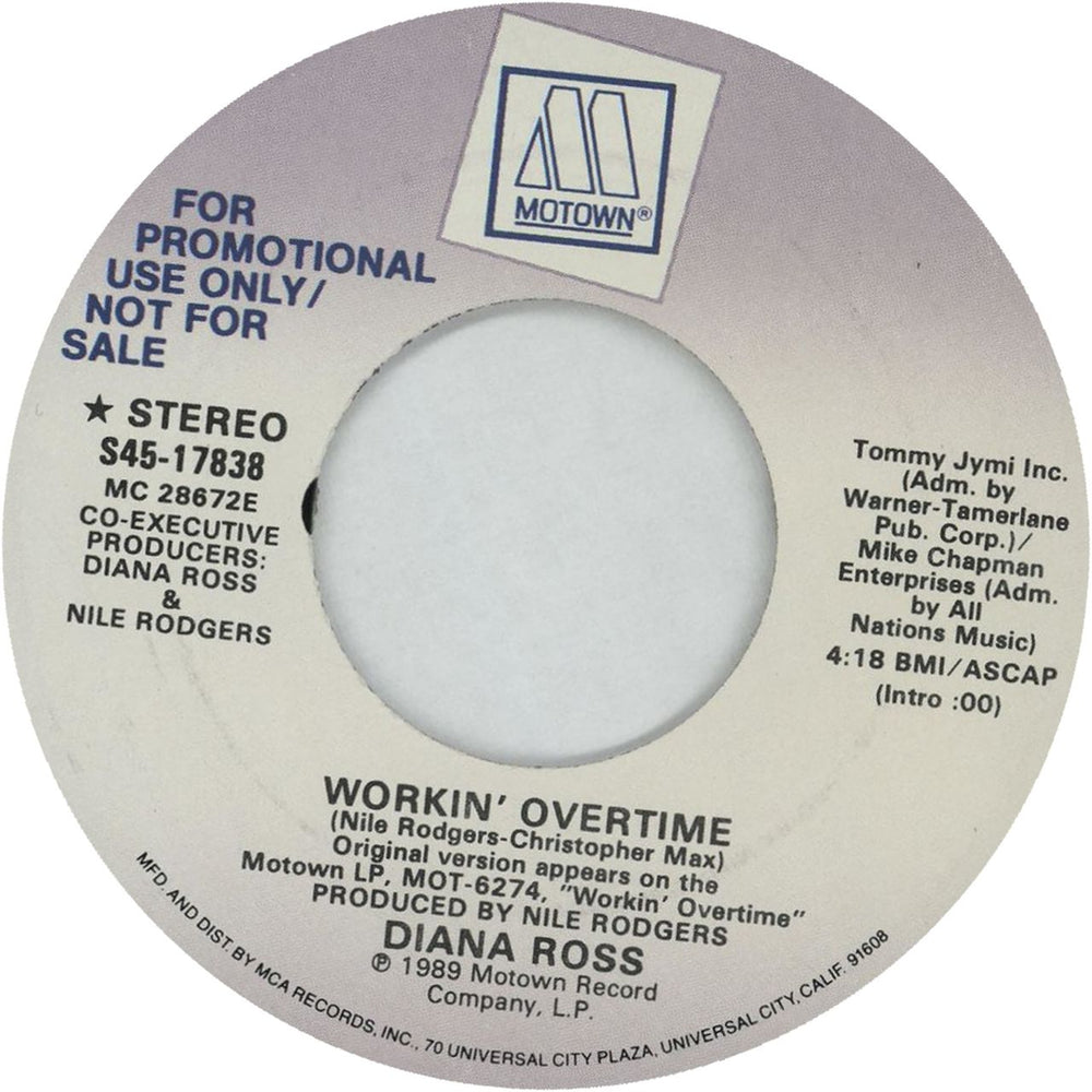 Diana Ross Workin' Overtime US Promo 7" vinyl single (7 inch record / 45) DIA07WO550211