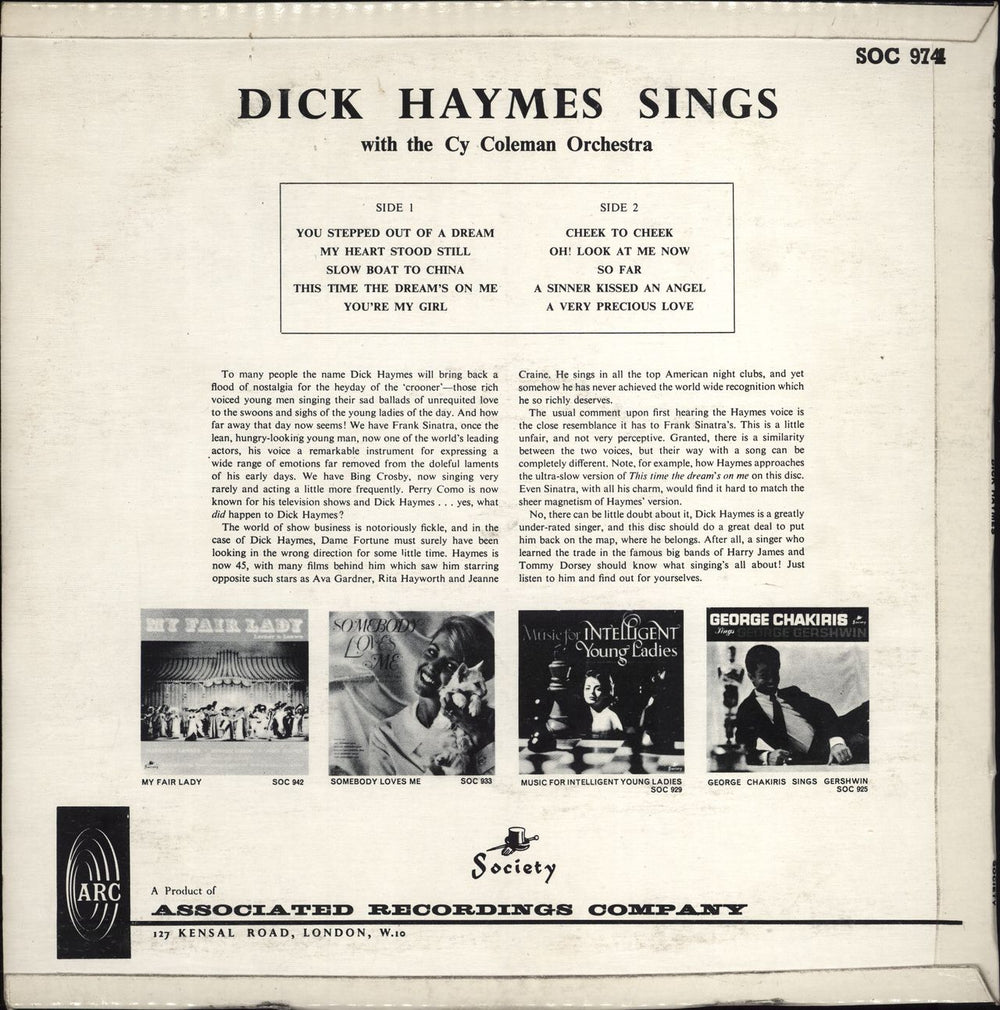 Dick Haymes Dick Haymes Sings With The Cy Coleman Orchestra UK vinyl LP album (LP record)