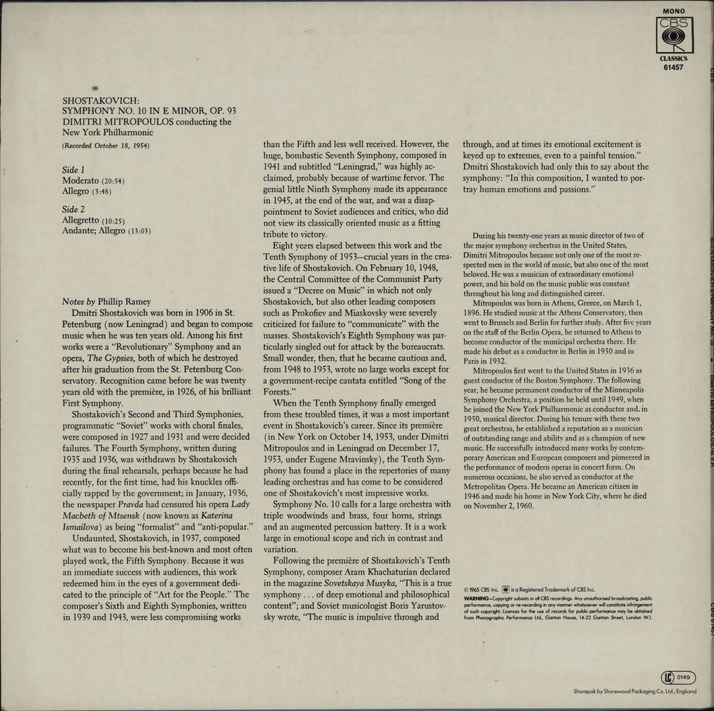 Dmitri Shostakovich Symphony No. 10 in E Minor, Op.93 UK vinyl LP album (LP record)