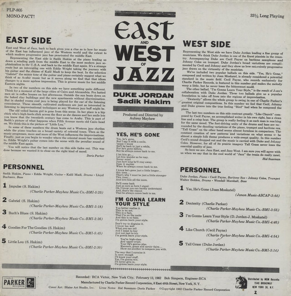 Duke Jordan East And West Of Jazz US vinyl LP album (LP record)