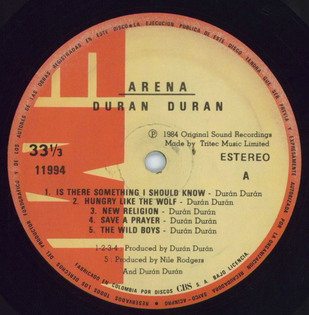 Duran Duran Arena Colombian vinyl LP album (LP record) DDNLPAR811216