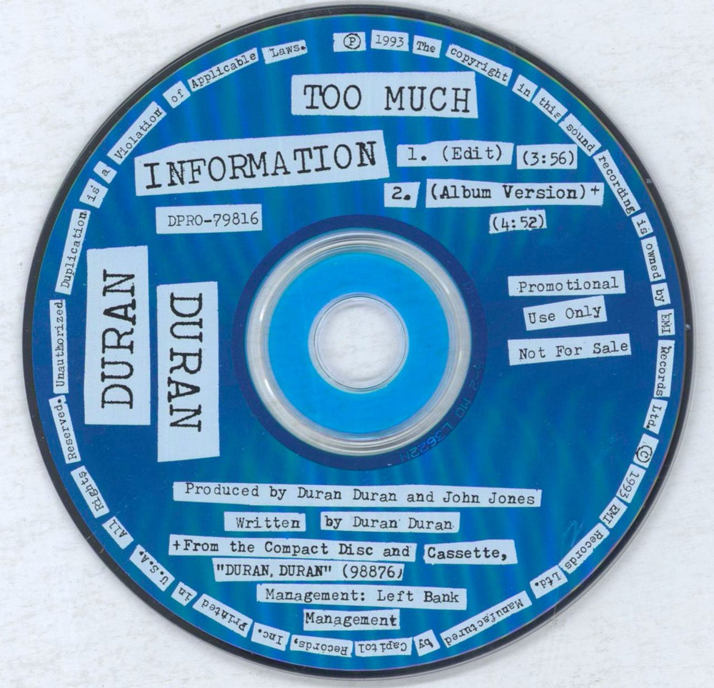 Duran Duran Too Much Information - Blue Disc US Promo CD single (CD5 / 5") DDNC5TO21369