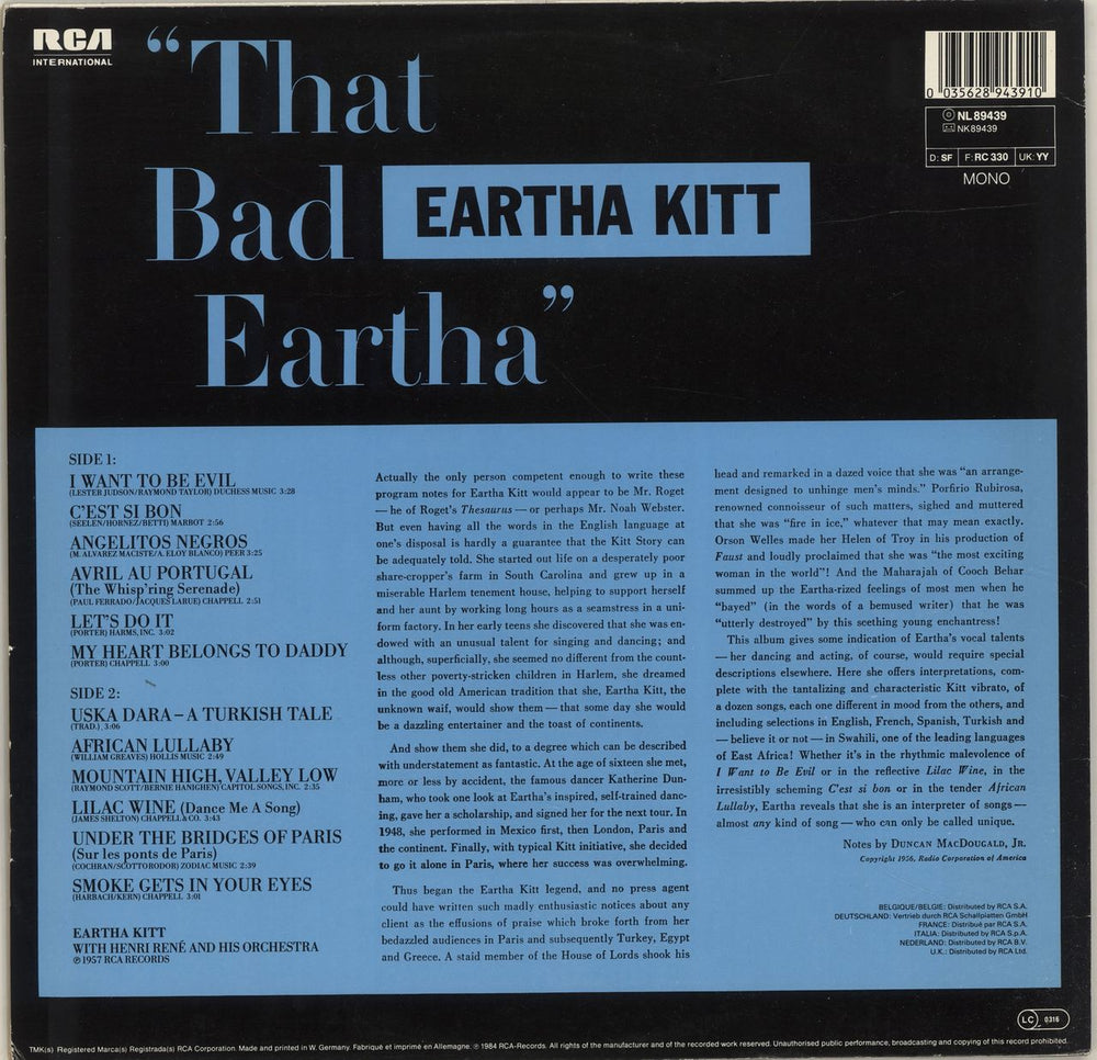 Eartha Kitt That Bad Eartha German vinyl LP album (LP record) 035628943910