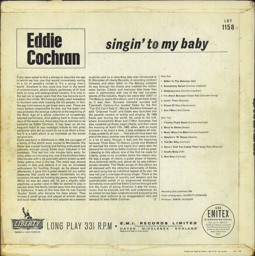 Eddie Cochran Singin' To My Baby - VG UK vinyl LP album (LP record)