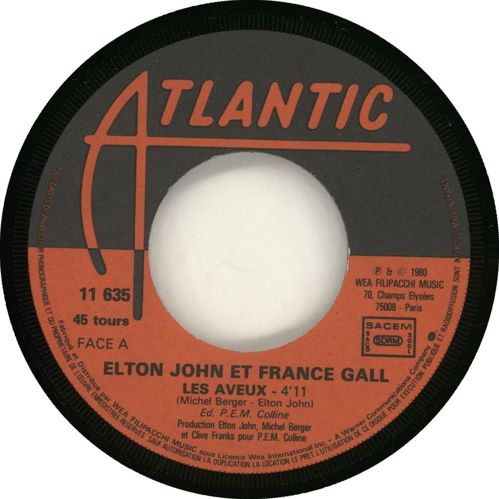 Elton John Les Aveux French 7" vinyl single (7 inch record / 45)