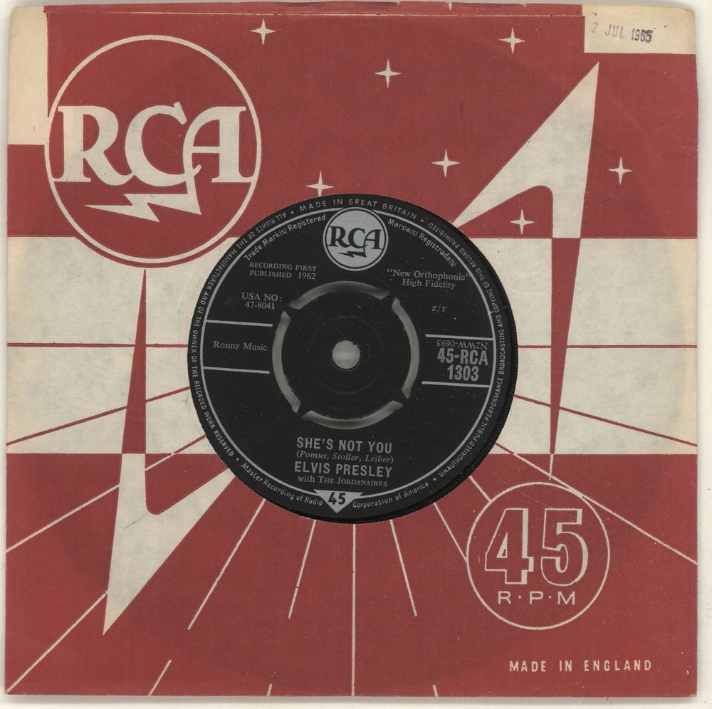 Elvis Presley She's Not You UK 7" vinyl single (7 inch record / 45) 45-RCA1303