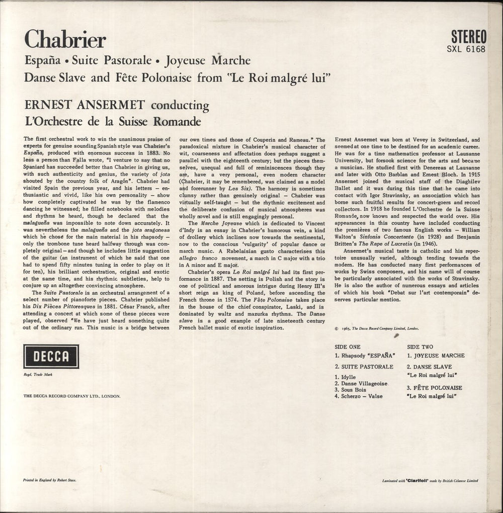 Emmanuel Chabrier Ansermet Conducts Chabrier UK vinyl LP album (LP record)