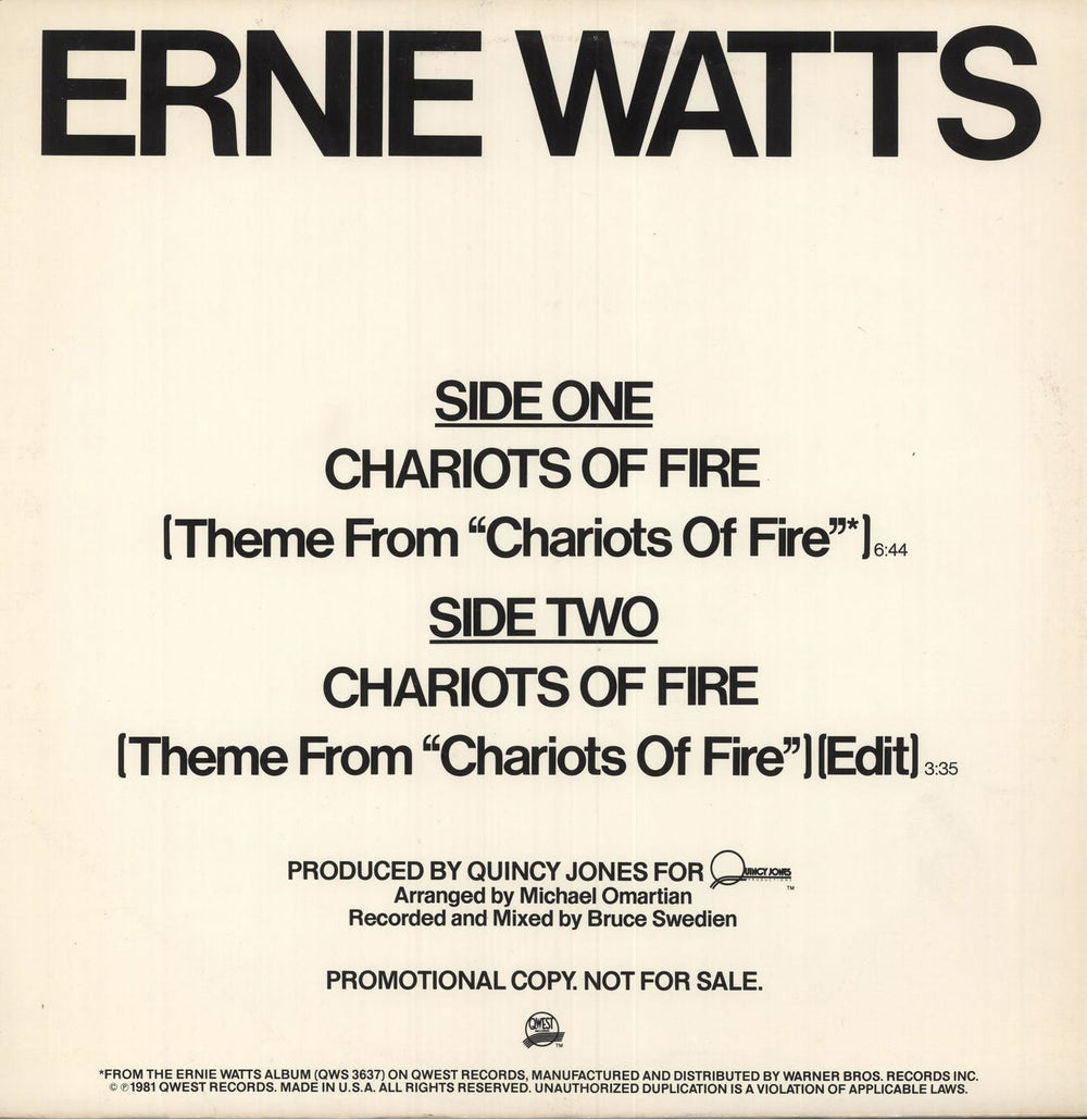 Ernie Watts Chariots Of Fire US Promo 12" vinyl single (12 inch record / Maxi-single) PRO-A-995