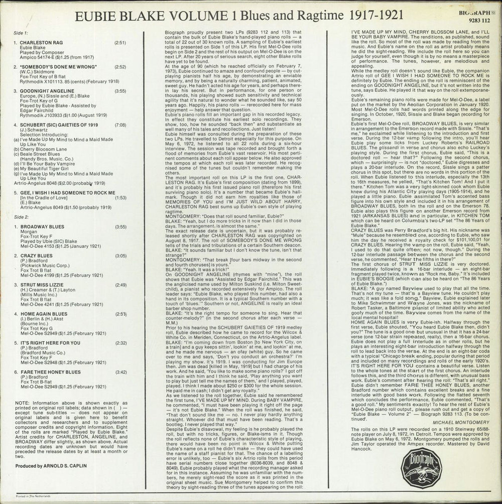 Eubie Blake Volume 1 Blues And Ragtime 1917 - 1921 - Sample Dutch vinyl LP album (LP record)